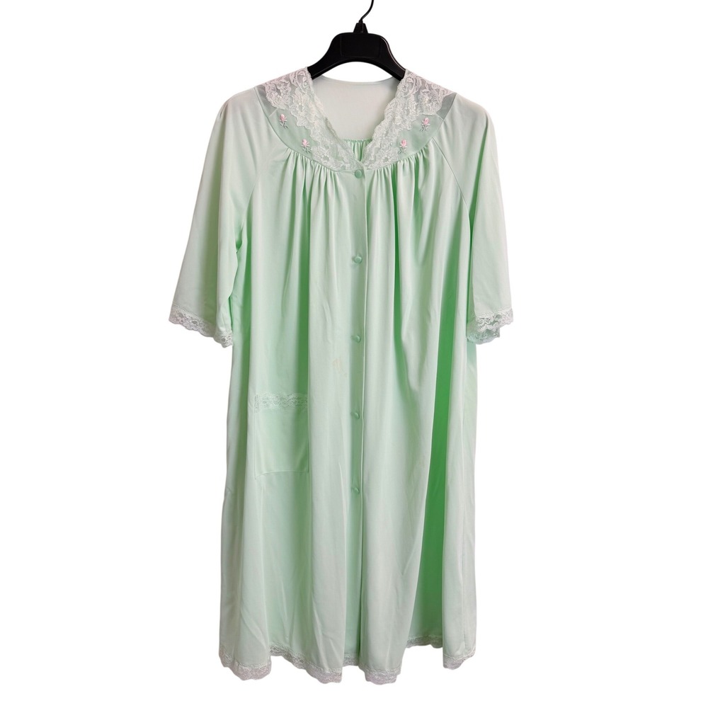 Vintage Shadowline Mint Green Lace Trim Embroidered Button Front Robe Medium